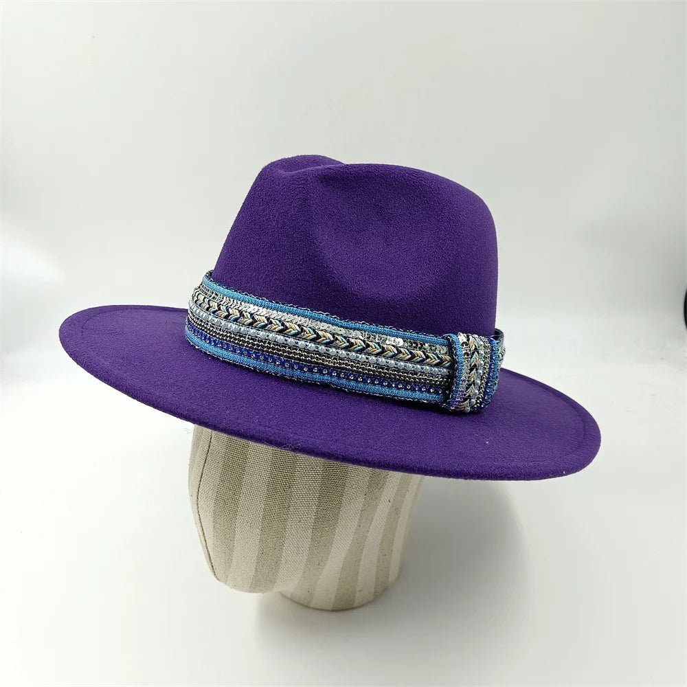 Blue Fedora Hat Pearl Rhinestone Design for Men and Women Panama Church Cap Fashionable Elegant Vintage Felt Hat fedoras