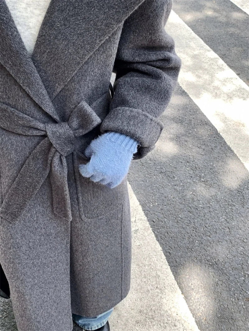 Wool Beige Pocket Belted Long Woolen Coat New Hooded Long Sleeve Women Jacket Fashion Tide Autumn Winter 2025 New