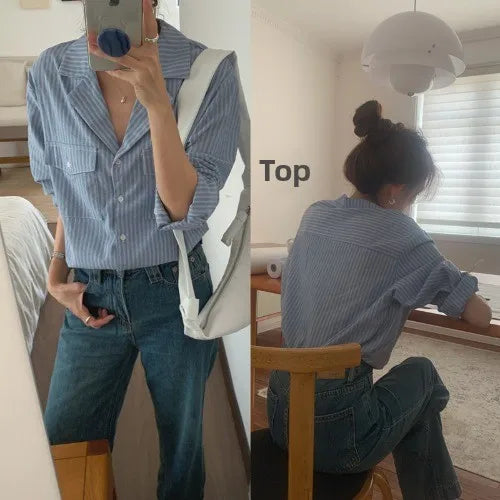 Chic Autumnal Vintage Loose Fit Long Sve Blue Striped irt Women's Faion Versatile Double ket Suit Collar Outfit