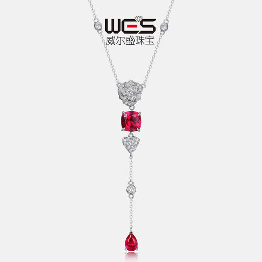 Simulated Rose Red Corundum Long Necklace for Women S925 Silver Inlaid Colorful Treasure Necklace Fashion