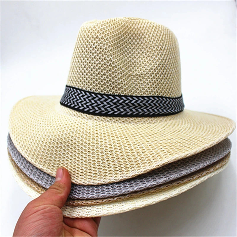 Men Wide Brim Jazz Hat Retro Trendy Chapeau Caps Wedding Party Fedora Hats Vintage Western Panama Travel Sunhat Straw Gorras