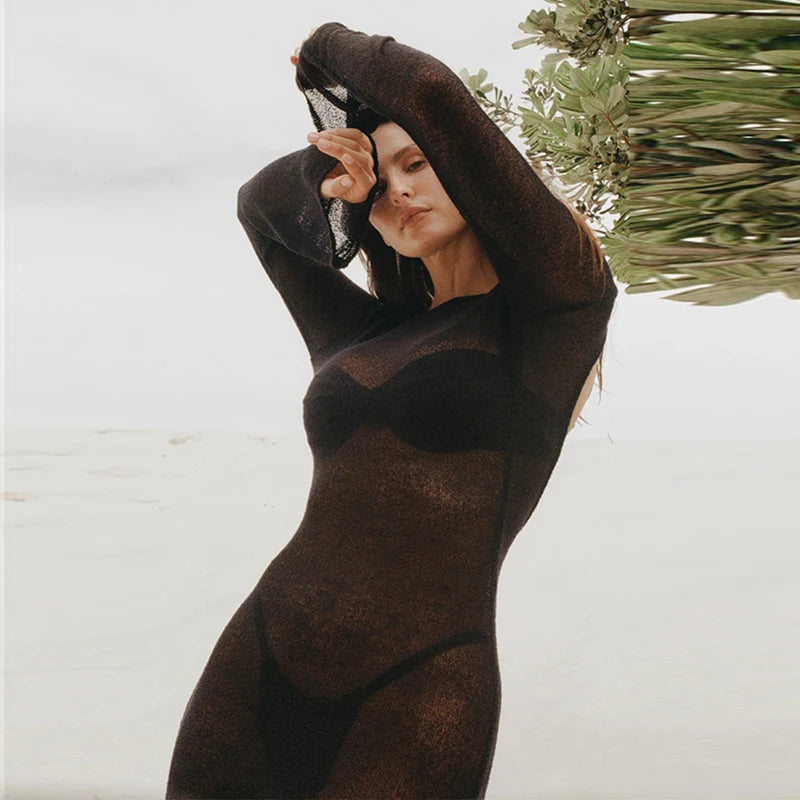 Perspective Sexy Backless Hollow Long Dress 2025 Spring Long Sleeve Knitted Beachwear Dresses Summer O Neck Solid Cover Up Dress