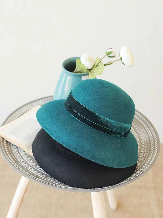 Autumn and Winter 100% Wool Hat Bell Hat Women's French Elegant Retro Hepburn Round Top Big brim Hat