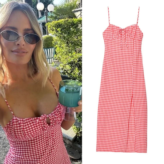 Summer 2025 Slit Backless MIDI Dress Grid Point Print Sexy V-Neck Charming Woman Clothing with High Thigh Split