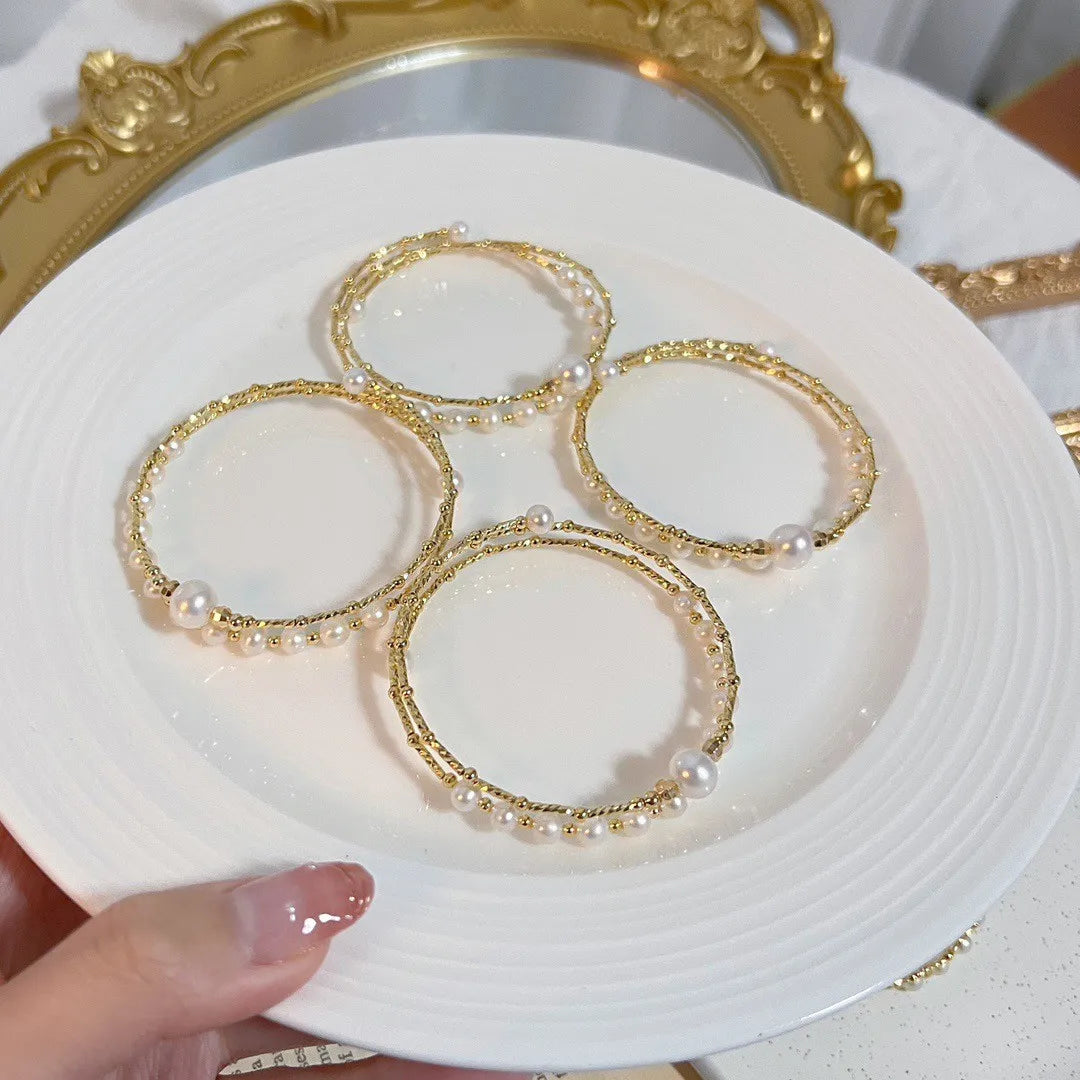 New Arrival 100% Natural Freshwater Pearl 14K Gold Filled Female Double Bangle For Women Jewelry Gifts Never Fade