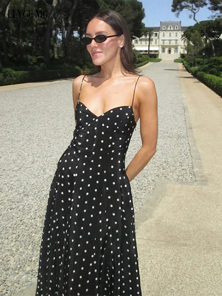 Dot Print Long Slip Dress Women Spring Summer V-neck Sleeveless Backless A-line Dresses Female Party Vintage Robes Lady Holiday