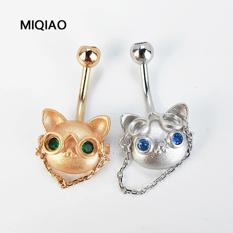 MIQIAO 925 Silver Belly Rings Body Piercing Glasses Cat Luxury Woman Jewelry Navel Piercing Silver High Quality Rose Gold Color