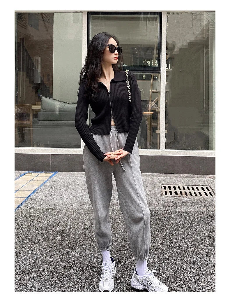 Elegant Korean Knitted Sweater Sexy Lapel Zipper Up Cardigan Women Vintage Harajuku Slim Coat Casual Ribbed Knit Cropped Tops