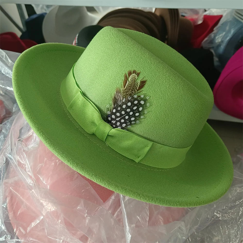 2024 New Fashion Women Men's Fedora Church Roll Up Brim Homburg Jazz Hat Feather Hat Lady Gentleman Gambler Panama Trilby Hat