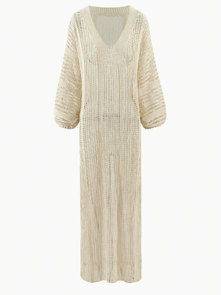 Elegant Knit Long Dress 2025 Sexy See-through V Neck Lantern Sleeve Side Split Beach Maxi Dresses Holiday Swimsuit Cover Up K15