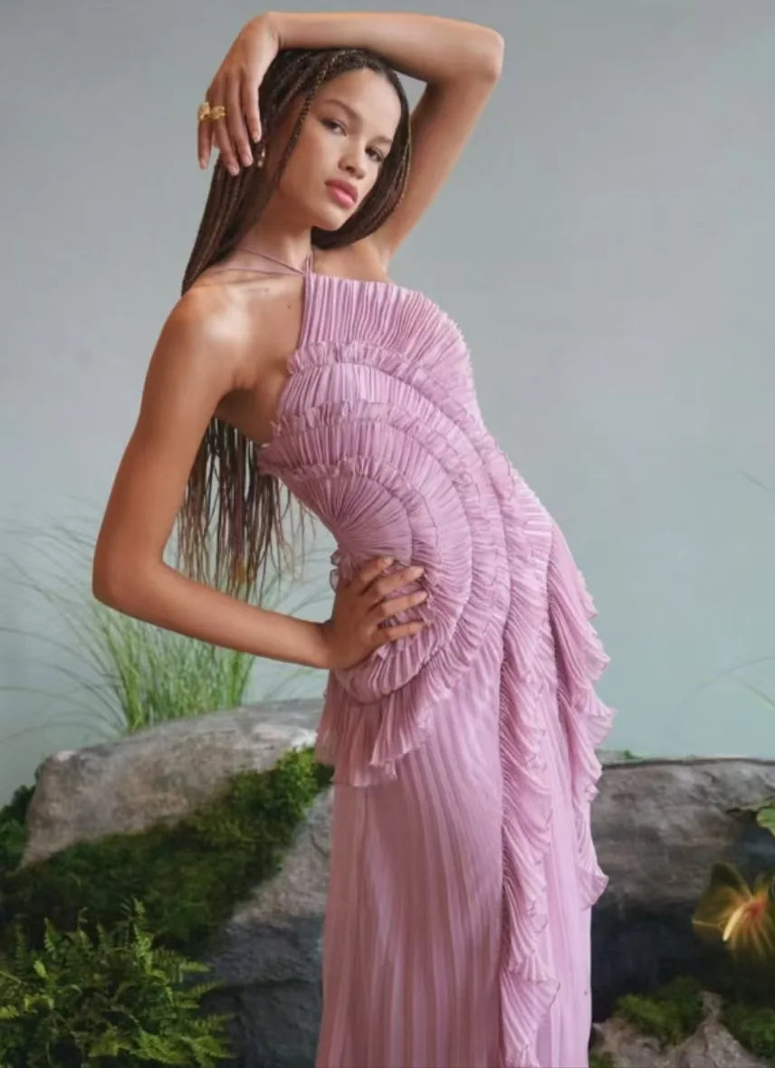 Purple Ruffle Irregular Maxi Dress for Women Sexy Halter Backless Party Dresses Summer Fashion Chiffon Holiday Fairy Dress 2025