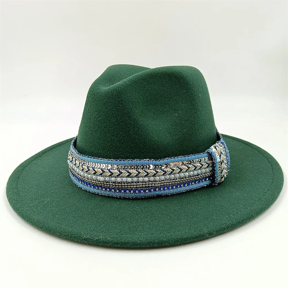 Blue Fedora Hat Pearl Rhinestone Design for Men and Women Panama Church Cap Fashionable Elegant Vintage Felt Hat fedoras