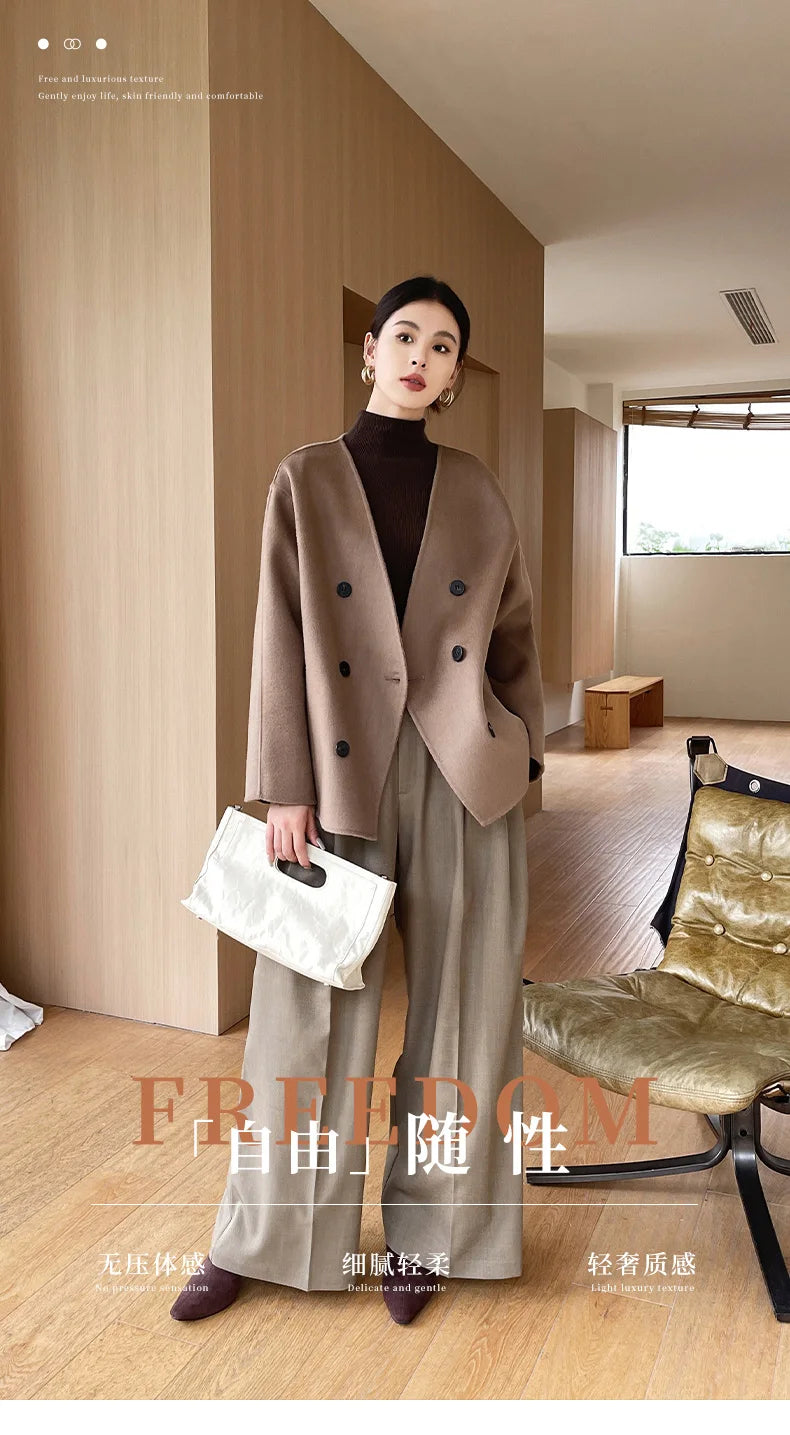 100% women's wool coat, double-sided, warm, high-end, loose, Korean style, short, 2024 autumn and winter new coat