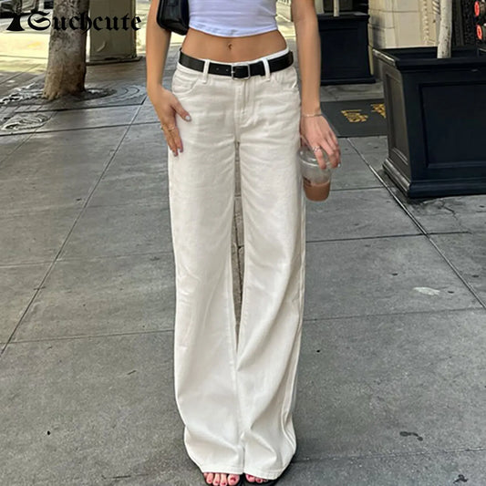 SUCHCUTE White Straight Leg Jeans for Women Casual Low Waisted Slim Denim Pants Fashion All-Match Trousers Streetwear Bottoms