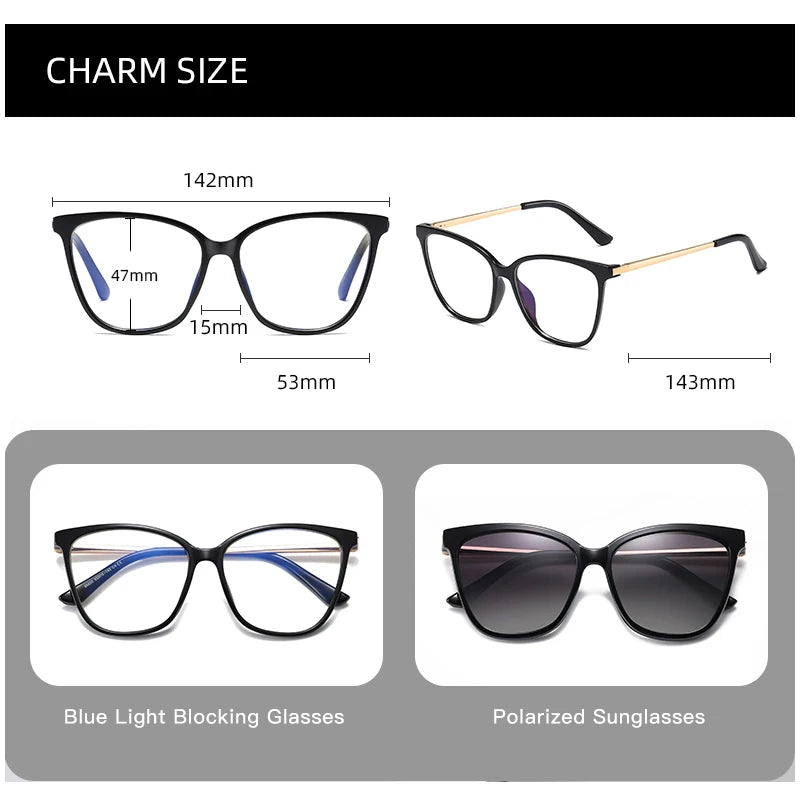 KANDREA Cat eye Large Frame Women Outdoor Magnetic Dual-Purpose Polarized Clip-on Sunglasses Anti-Blue Light Frame Glasses 95655