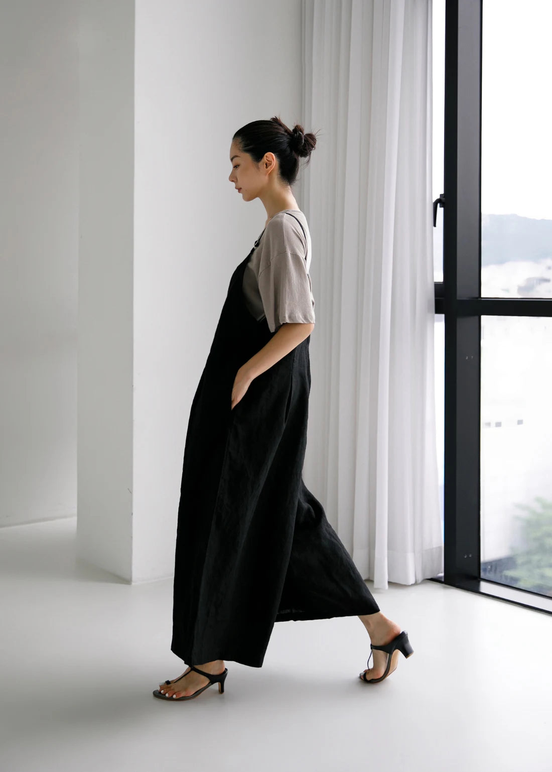 Women's Cotton and Linen Wide leg Jumpsuit Bf Casual Trousers Skirt Strappy Hemp Sling One Piece Pants