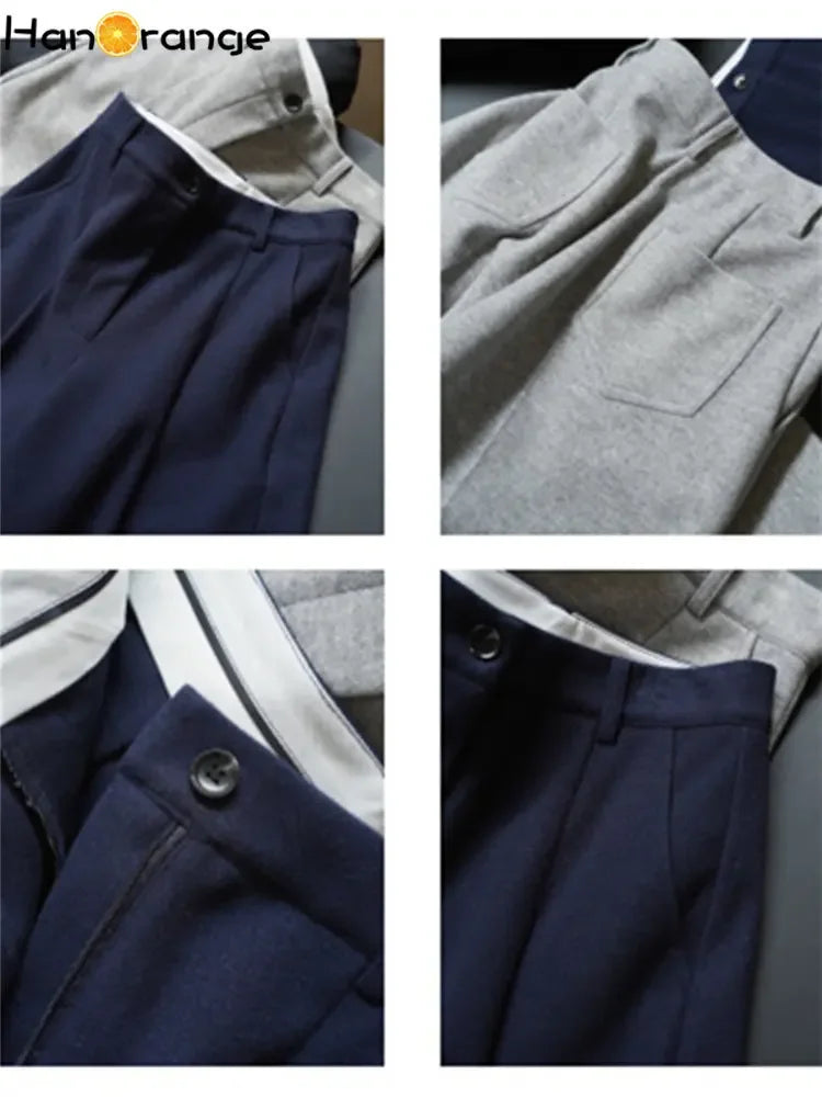 HanOrange 2024 Winter Languid Woolen Wide Leg Pants Casual High Waist Loose Comfortable Thick Trousers Female Grey/Navy