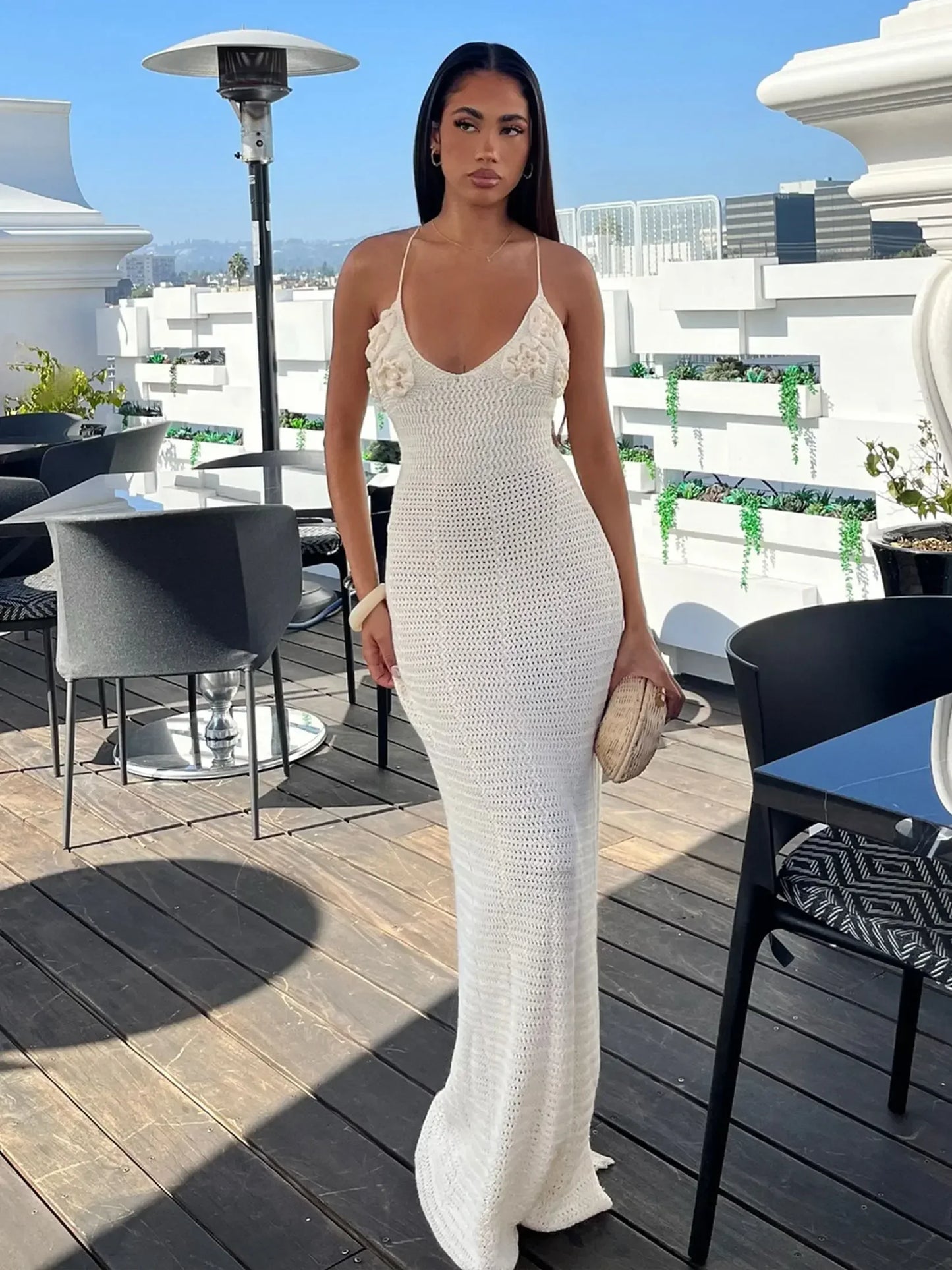 White Knit Cut Out Spaghetti Strap Flower Long Dress Sexy V Neck Bodycon Beach Maxi Dress 2025 Summer Women Holiday Outfit K79