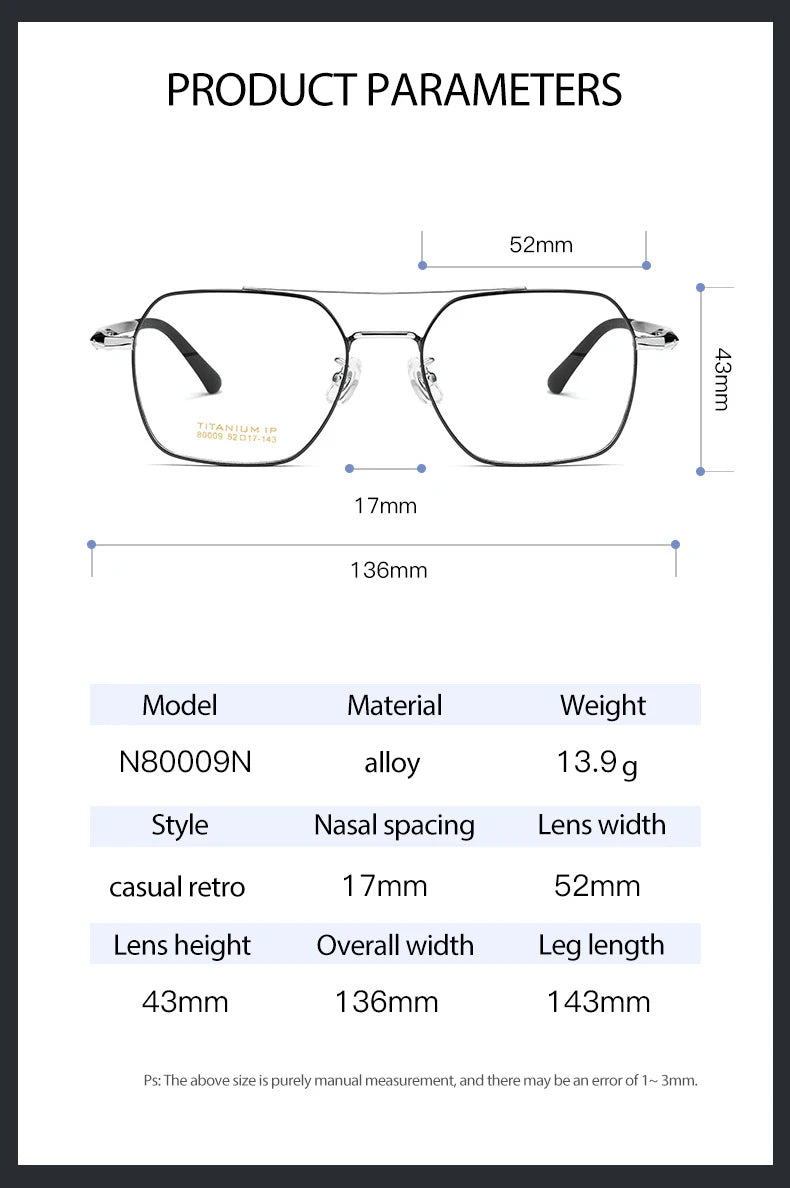 Full Rim Metal Frame Glasses for Men and Women, Titanium Legs, Retro Style, Polygon Myopia Eyewear, New Arrival