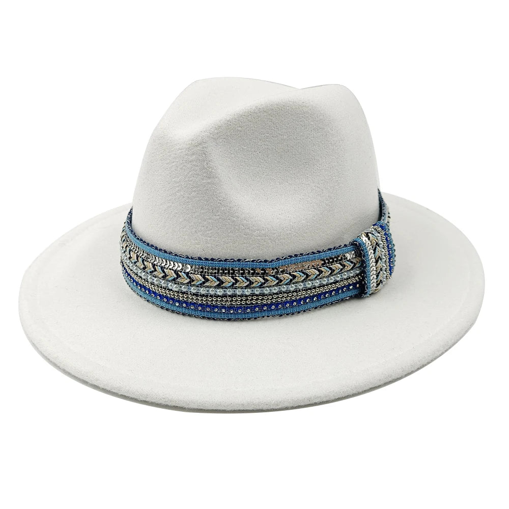 Blue Fedora Hat Pearl Rhinestone Design for Men and Women Panama Church Cap Fashionable Elegant Vintage Felt Hat fedoras