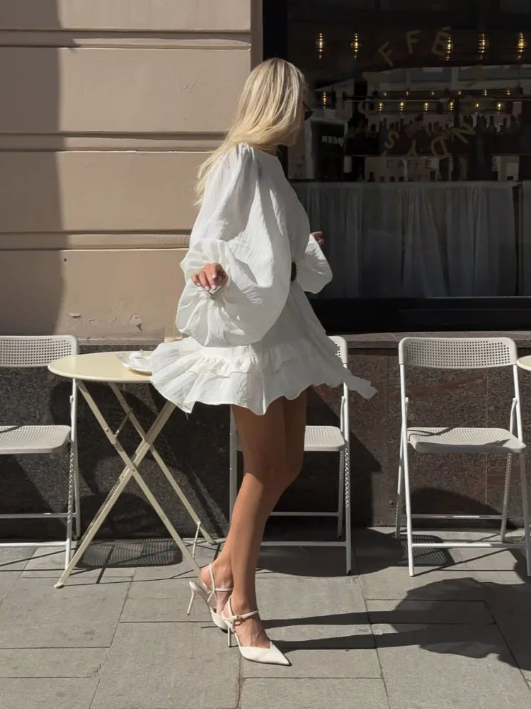 Women Single Breasted Ruffles Dress Fashion Solid Lantern Sleeve Loose Pleated Vestidos Summer Lady Vacation Party Gowns 2025