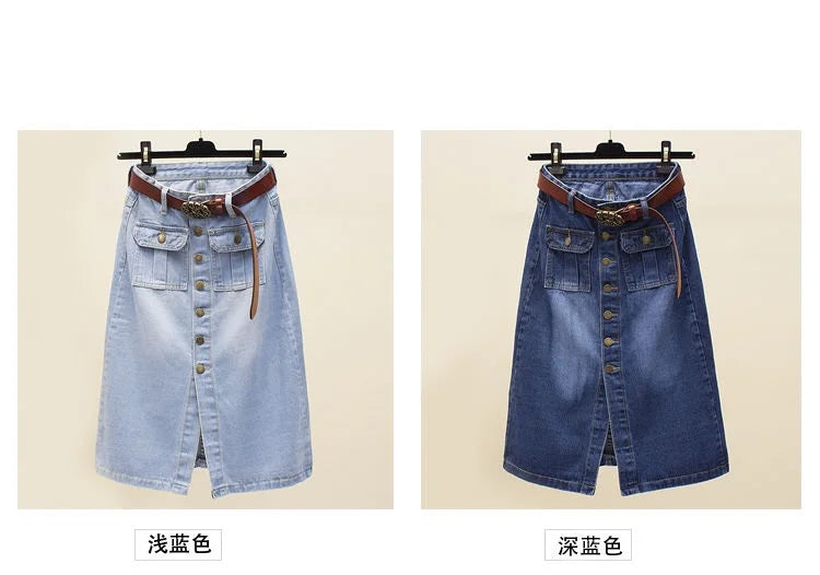 2024 Women Spring Autumn New Front Split Denim Sheath Skirts Female Single-Breasted Midi Skirts Ladies High Waist Pencil Skirts