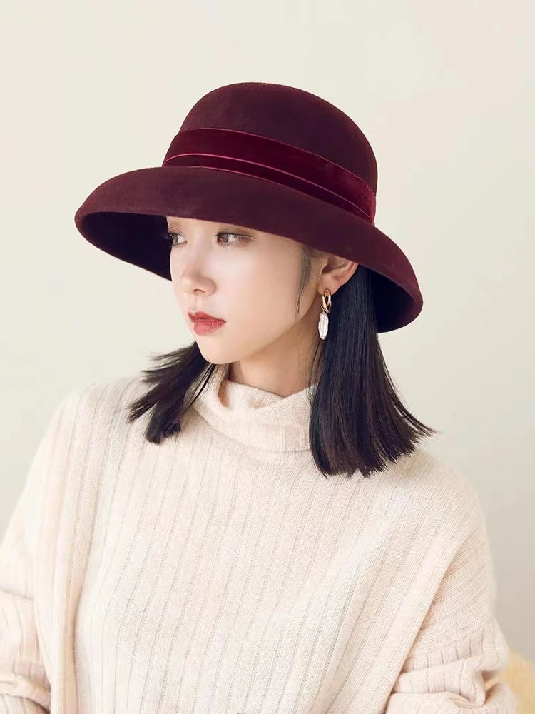 Autumn and Winter 100% Wool Hat Bell Hat Women's French Elegant Retro Hepburn Round Top Big brim Hat