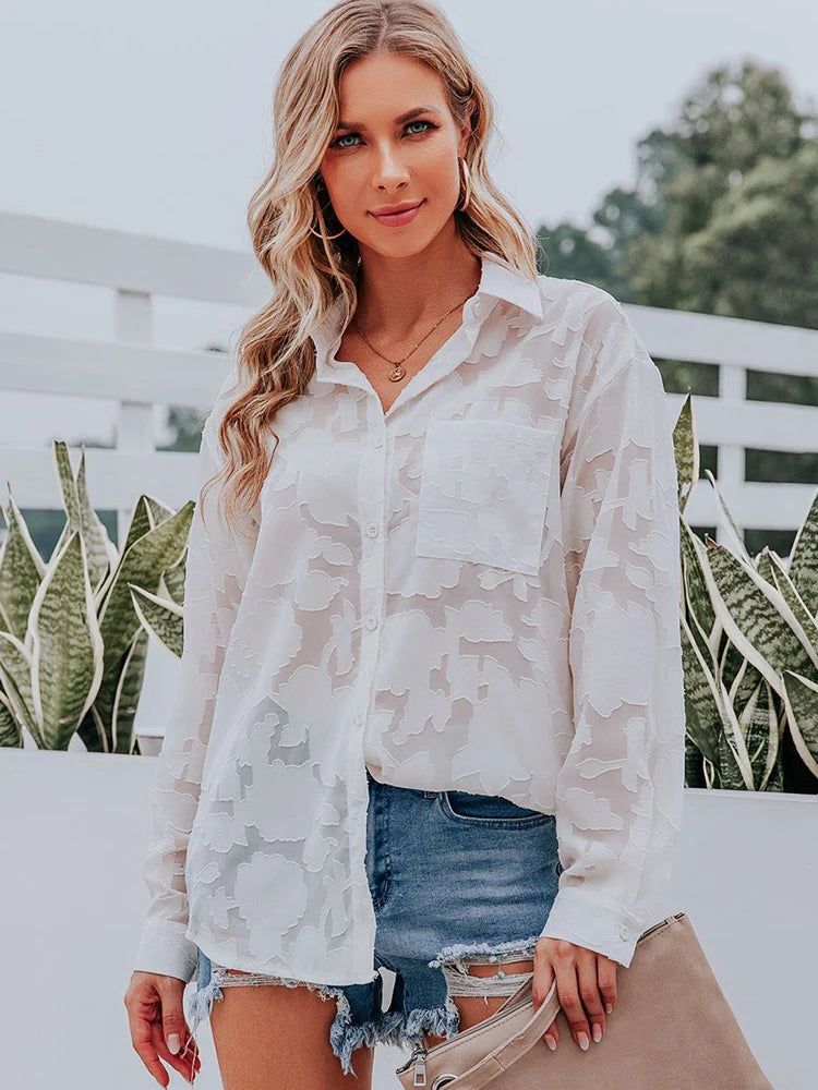 Elegant Long Sleeve Lapel Lace Blouse Office Lady Spring Summer Hollow Out Jacquard Loose Shirt Oversized Tops Luxury Chic Tunic