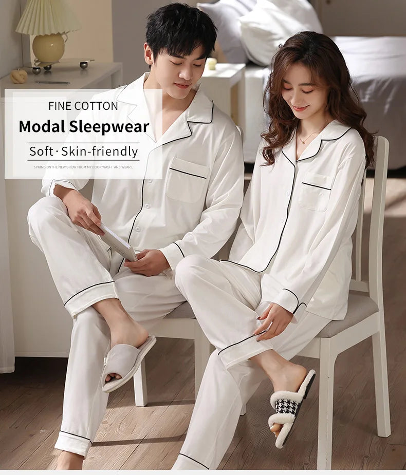 Modal Couples Matching Clothing Set White Pajama For Women Men PJ Pijama Mujer Sleepwear Cotton Pyjama Pour Femme Home Clothes