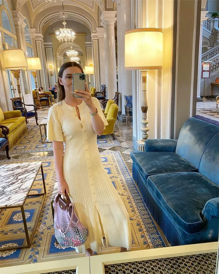 Elegant Knitted Single Breasted Midi Dress Women's Patchwork Dresses Female 2025 Summer Robe New Black Beige Robes Evening Party