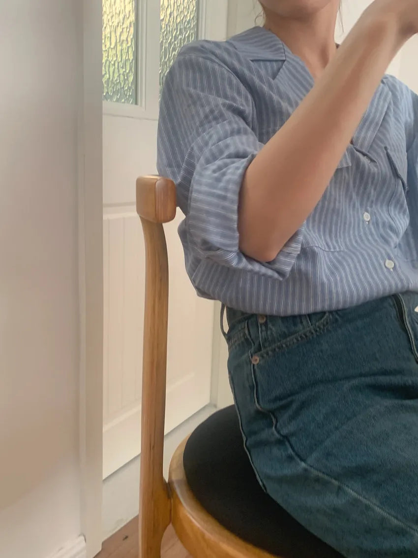 Chic Autumnal Vintage Loose Fit Long Sve Blue Striped irt Women's Faion Versatile Double ket Suit Collar Outfit