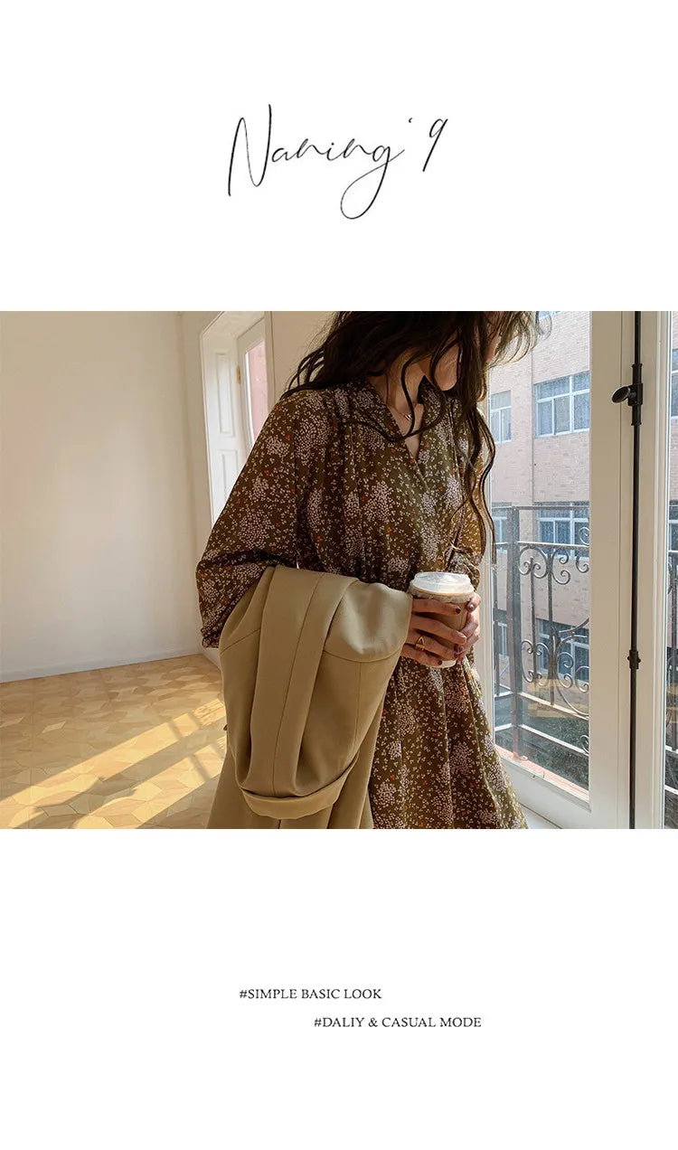 ARTKA 2023 Spring New Women Dress Elegant Loose Puff Sleeve Prints Dresses V-Neck High Waist A-Line Chiffon Long Dress A22LA055C