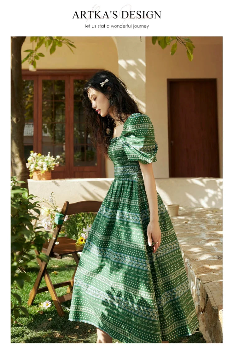 ARTKA 2023 Summer New Women Dress Vintage Print Green Square Collar Dresses Short Puff Sleeve A-line Long Dress Female LA92038X