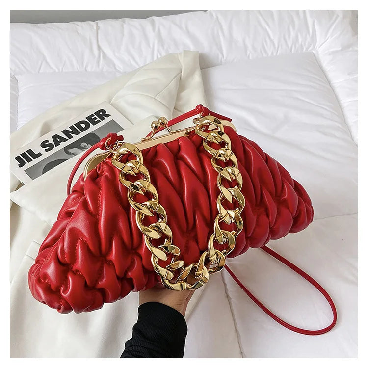 Pleated Lingge Fashion Shell Bag Women's Versatile Chain Handbag Casual One Shoulder Crossbody Chain Accessories Women's Bag