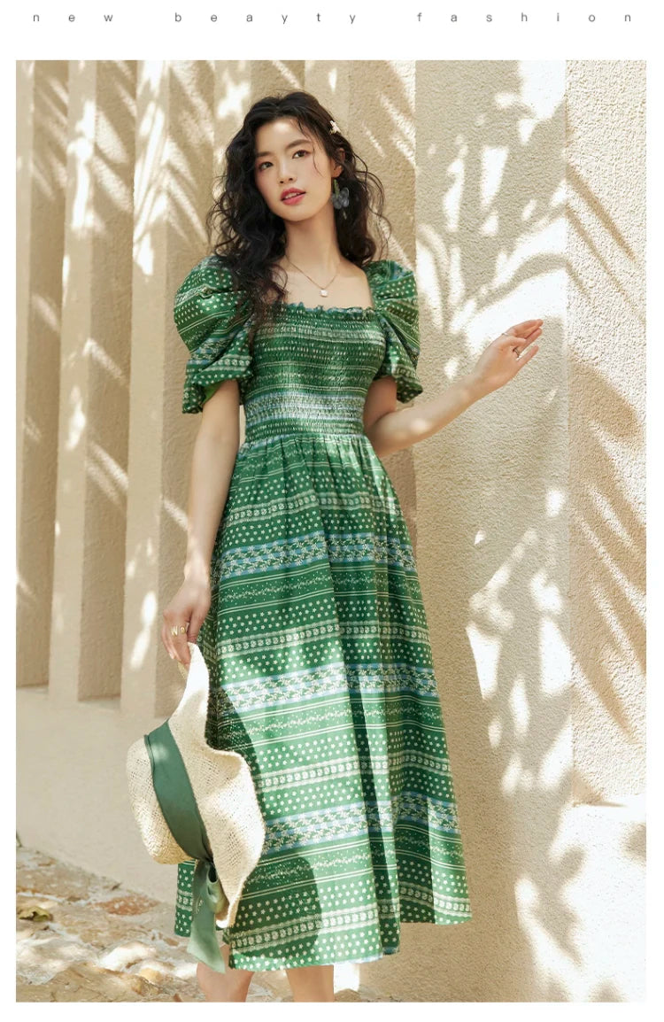 ARTKA 2023 Summer New Women Dress Vintage Print Green Square Collar Dresses Short Puff Sleeve A-line Long Dress Female LA92038X
