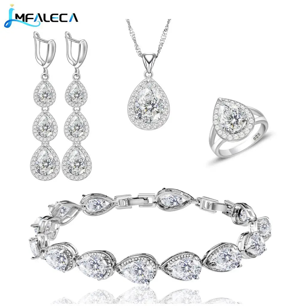 Wedding Bride Silver 925 Jewelry Sets Women White Topaz Long Earrings Bracelet Necklace Rings Luxury Fashion Set Dropshipping