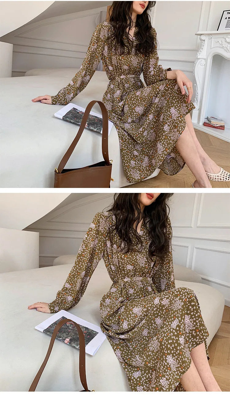 ARTKA 2023 Spring New Women Dress Elegant Loose Puff Sleeve Prints Dresses V-Neck High Waist A-Line Chiffon Long Dress A22LA055C