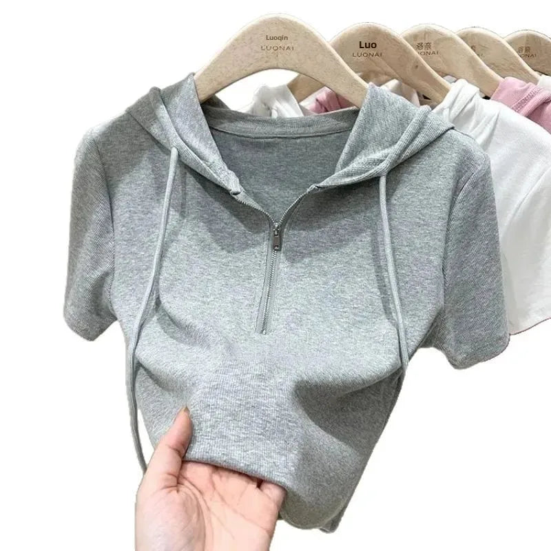 Hoodedslims Women's Double Zip Short Sleeve T-Shirt Cropped Top Sensible Design Polyester Fiber Summer 2025 New Arrival Jacket