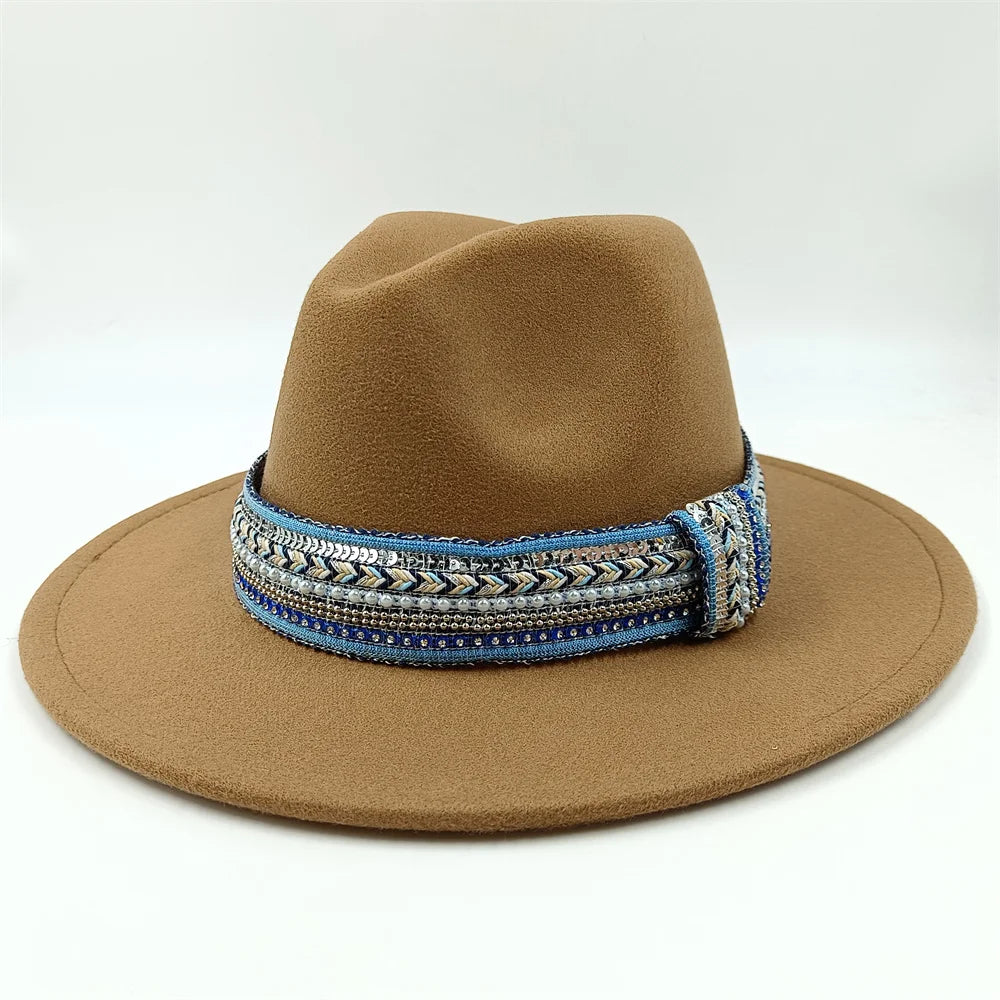 Blue Fedora Hat Pearl Rhinestone Design for Men and Women Panama Church Cap Fashionable Elegant Vintage Felt Hat fedoras