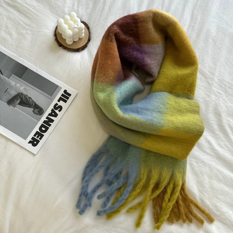Winter Multicolor Stripe Scarf Cashmere Thick Shawl Women Long Winter Warm Pashmina Wraps with Tassel Scarf For Women
