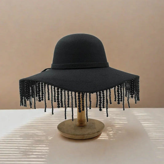 Pearl tassel Fedora hat for women Wave Curled Edge British Retro and Versatile Fashion Hepburn Style Autumn and Winter Hat