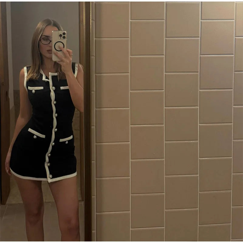 Women Sexy Black Knit Short Pants Suit Elegant Sleeveless Double Pockets Single Breasted Buckle Top 2-piece Set 2025 New Outfits