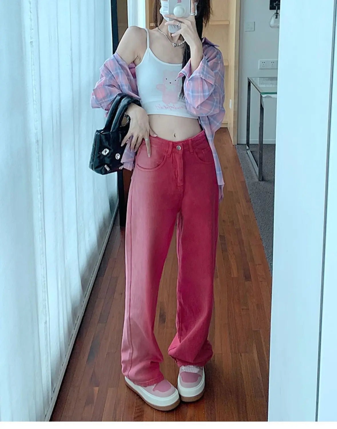 Vintage Streetwear Gradient Pink Jeans Women High Waist Straight Wide Leg Pants Straight Denim Female Trousers