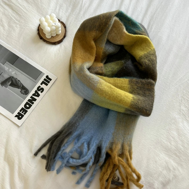 Winter Multicolor Stripe Scarf Cashmere Thick Shawl Women Long Winter Warm Pashmina Wraps with Tassel Scarf For Women