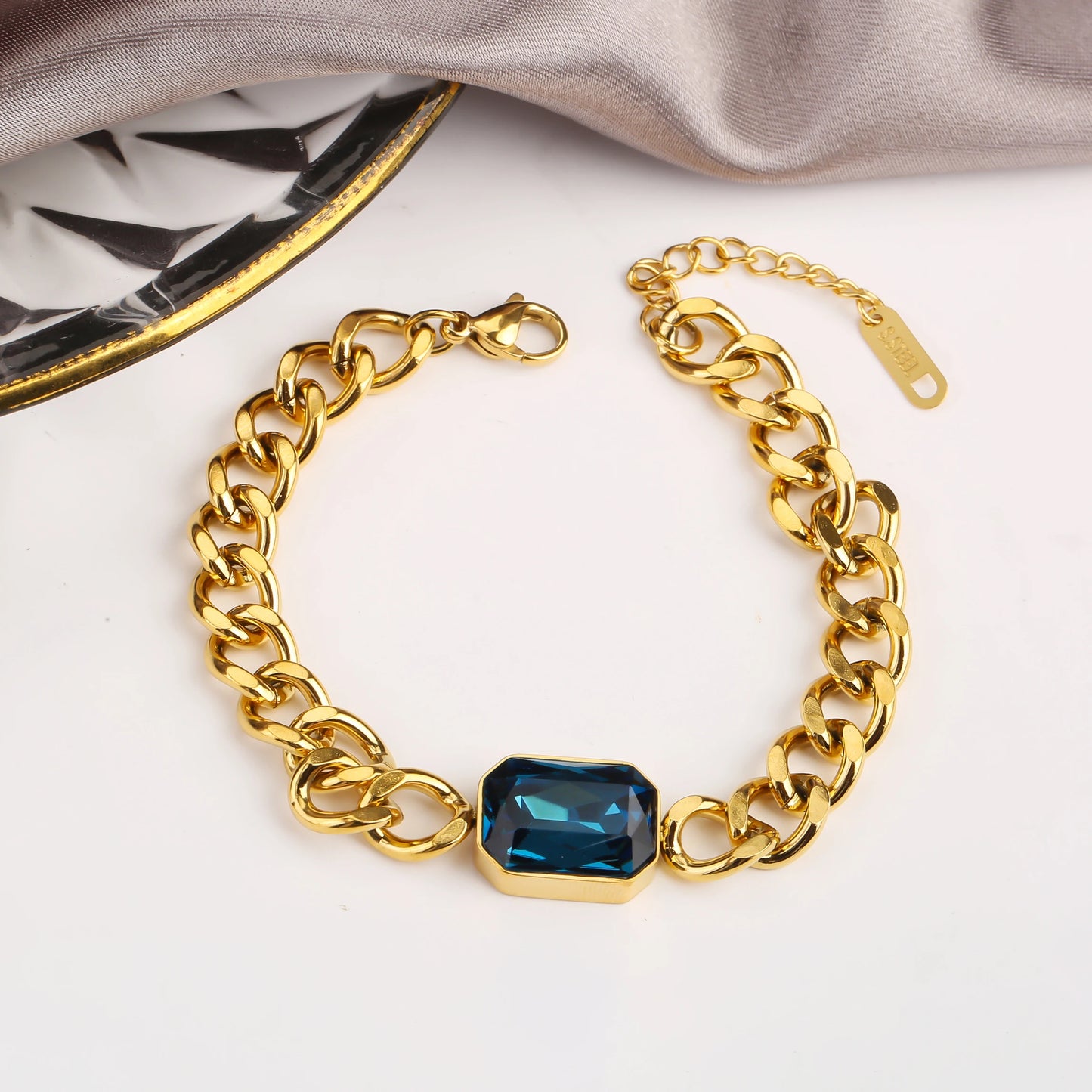 Personalized Rectangle Colorful Crystal Six-Sided Polished Cuban Chain Necklace Bracelet Set For Woman Stainless Steel Jewelry