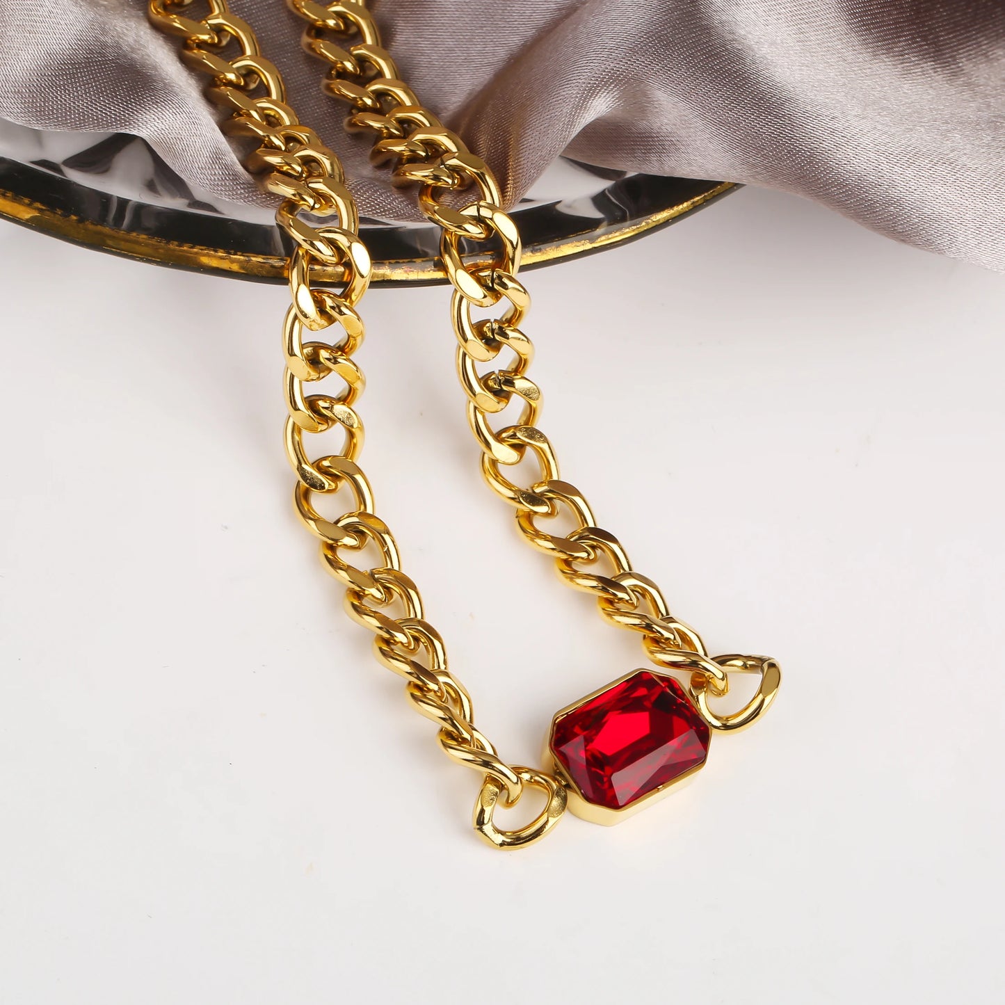 Personalized Rectangle Colorful Crystal Six-Sided Polished Cuban Chain Necklace Bracelet Set For Woman Stainless Steel Jewelry