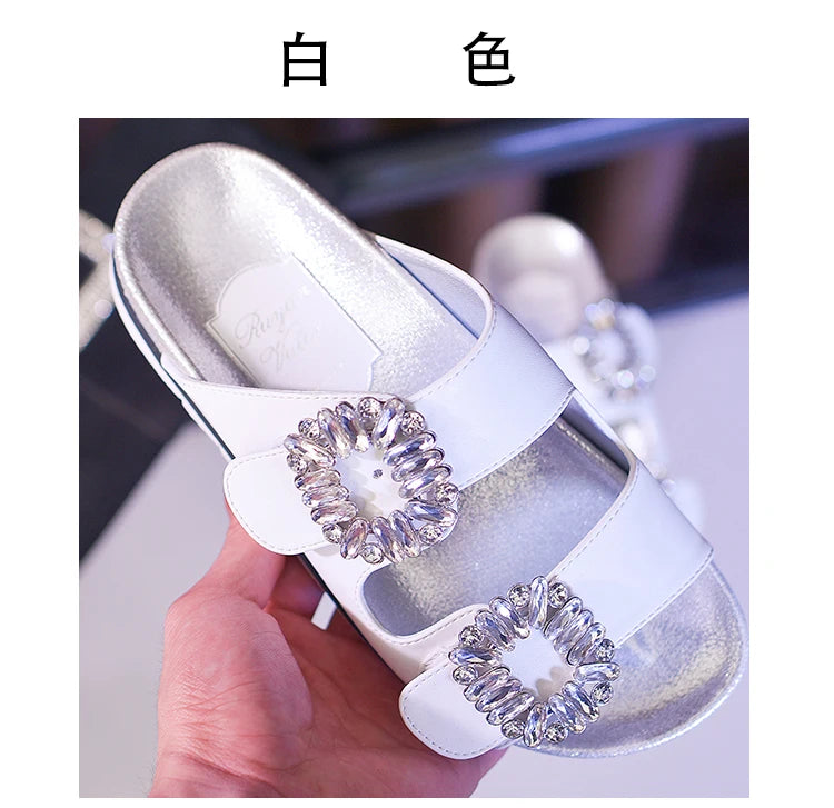New Trend Women's Slippers Outside 2022 Women's Rhinestone Side Buckle Open Toe Bicyclic Flat-Bottomed Sandals Slippers Girls