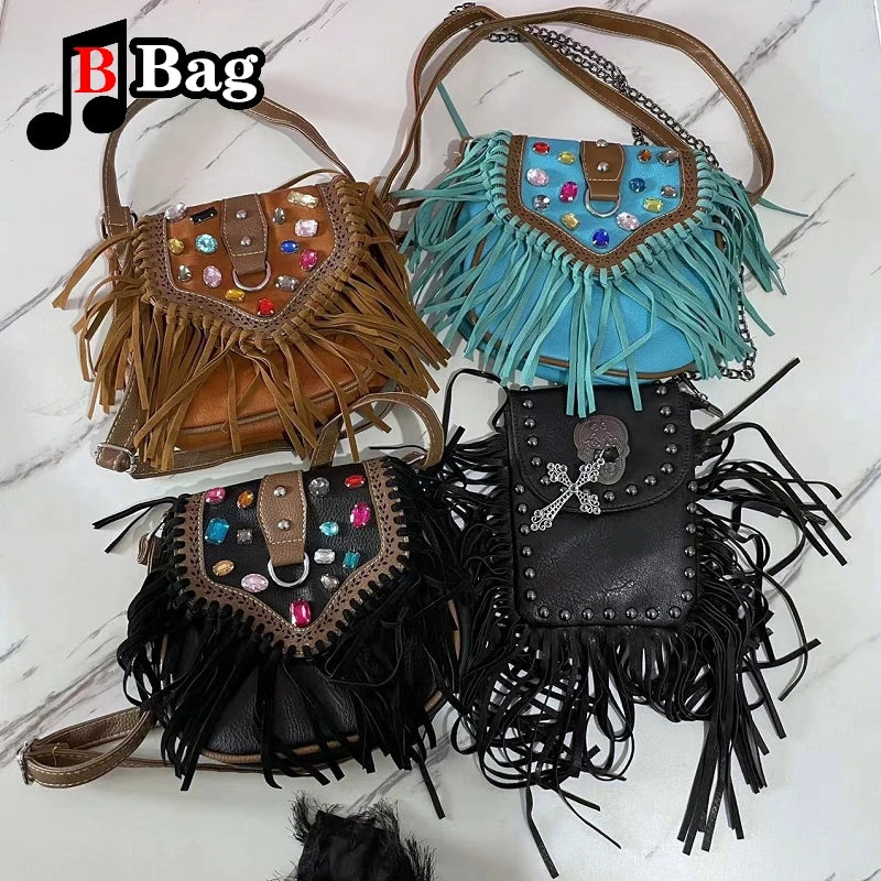Vintage PU Leather Tassels Bags Y2K Women Girl Gemstone Fringed Shoulder Bags Female Punk Cross Messenger Bags phone bag