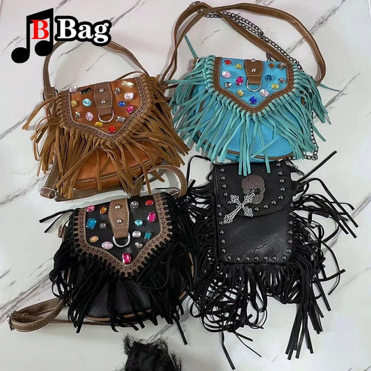 Vintage PU Leather Tassels Bags Y2K Women Girl Gemstone Fringed Shoulder Bags Female Punk Cross Messenger Bags phone bag
