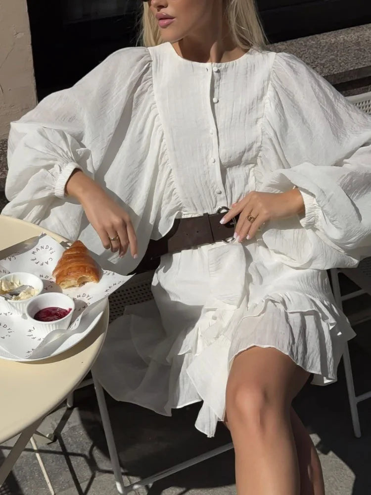 Women Single Breasted Ruffles Dress Fashion Solid Lantern Sleeve Loose Pleated Vestidos Summer Lady Vacation Party Gowns 2025